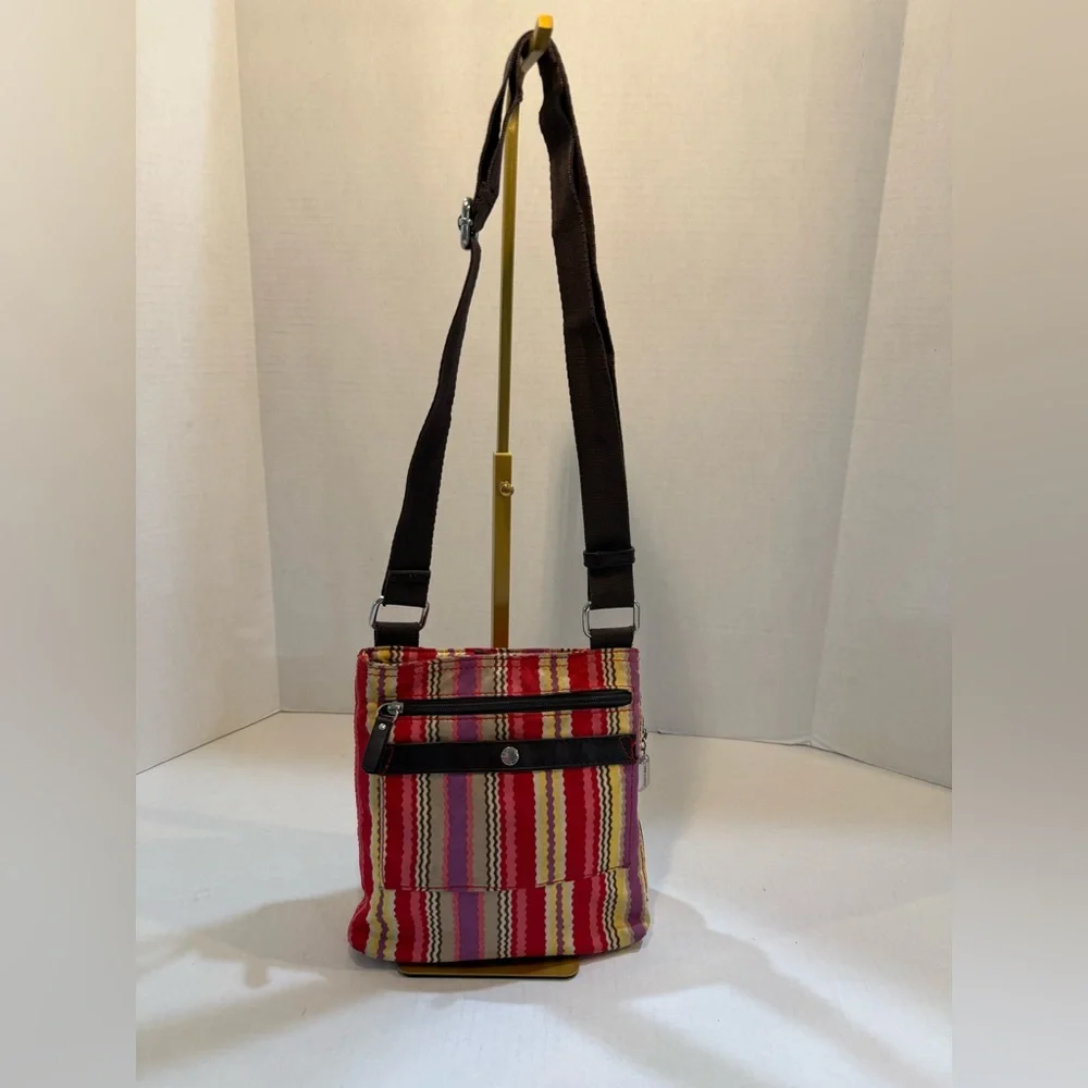 FRANCO SARTO Crossbody Purse Pink Multicolor‎ Brown Trim Multiple Pockets Nylon